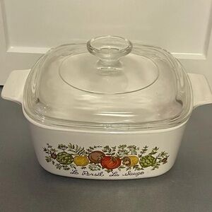 Corningware White Casserole Dish with Glass Lid and Vegetable Design